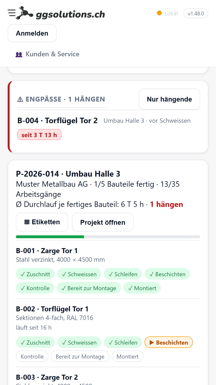 RAPIQ: Fertigungstafel mit Bauteilen, Arbeitsgängen und Engpässen