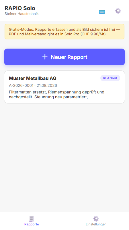 RAPIQ Solo: Startbildschirm mit Rapportliste